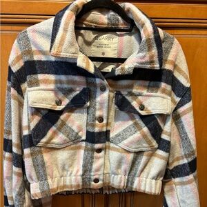 Ladies Soft Plaid Cropped Jacket with Elastic Hem. Size:L